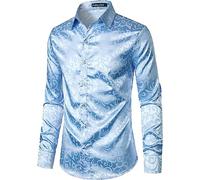 PARKLEES Camicia da uomo a maniche lunghe slim fit con stampa floreale di lusso, tessuto di raso simile alla seta, versatile da indossare per matrimoni, feste, balli, affari, casual - XL, Blu