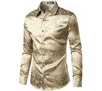 PARKLEES Camicia da uomo a maniche lunghe slim fit con stampa floreale di lusso, tessuto di raso simile alla seta, versatile da indossare per matrimoni, feste, balli, affari, casual - XL, Champagne, L