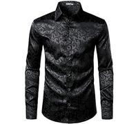 PARKLEES Camicia da uomo a maniche lunghe slim fit con stampa floreale di lusso, tessuto in raso simile alla seta, abbigliamento versatile per occasioni come matrimoni, feste, balli di fine anno