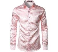 PARKLEES Camicia da uomo a maniche lunghe slim fit con stampa floreale di lusso, tessuto in raso simile alla seta, abbigliamento versatile per occasioni come matrimoni, feste, balli, affari, casual