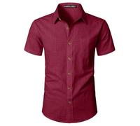 PARKLEES Camicia da uomo aderente in cotone e lino, casual, a maniche corte, con bottoni, leggera, da spiaggia, con tasca, Rosso vinaccia, XL
