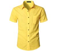 PARKLEES Camicia da uomo aderente in cotone e lino, casual, a maniche corte, con bottoni, leggera, da spiaggia, con tasca, Brignt Giallo, XXL