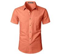 PARKLEES Camicia da uomo aderente in cotone e lino, casual, a maniche corte, con bottoni, leggera, da spiaggia, con tasca, Arancione, M