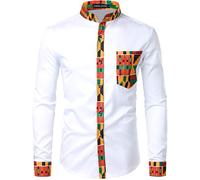 PARKLEES Camicia da uomo africana Dashiki tribale grafica patchwork manica lunga stampato Grandad Collar Shirt, Pzzcl46-bianco, S