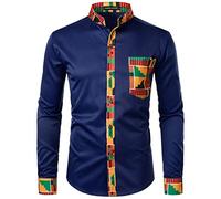 PARKLEES Camicia da uomo africana Dashiki tribale patchwork a maniche lunghe con colletto a nonno stampato, Pzzcl46-navy, L