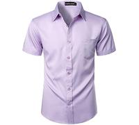 PARKLEES Camicia da uomo casual urbana elegante slim fit a maniche corte con bottoni e tasca, Lavanda, L