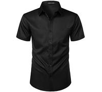 PARKLEES Camicia da uomo casual urbana elegante slim fit a maniche corte con bottoni e tasca, Nero , S