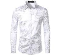 PARKLEES Camicia da uomo di lusso con stampa paisley oro lucido elegante slim fit button down abito camicia, Bianco argento, S