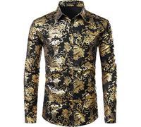 PARKLEES Camicia da uomo di lusso Paisley oro lucido stampato elegante slim fit button down, Nero oro, XL