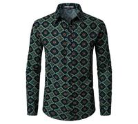 PARKLEES Camicia da uomo in cotone e lino anni '70, con stampa tradizionale, a maniche lunghe, con bottoni, Verde Vite, XL