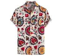 PARKLEES Camicia da uomo in cotone e lino anni '70, stile vintage, casual, a maniche corte, con bottoni, Beige e bianco., 3XL