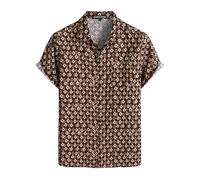 PARKLEES Camicia da uomo in cotone e lino anni '70, stile vintage, casual, a maniche corte, con bottoni, Marrone a scacchi, S