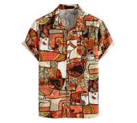 PARKLEES Camicia da uomo in cotone e lino con motivo vintage anni 70, stile vecchio, casual, a maniche corte, con bottoni, camicie retrò, Arancione, M