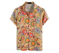 PARKLEES Camicia da uomo in cotone e lino, stile vintage anni 70, con motivo retrò, a maniche corte, con bottoni, cachi, XL