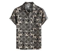 PARKLEES Camicia da uomo in cotone e lino, stile vintage anni 70, con motivo retrò, a maniche corte, con bottoni, M
