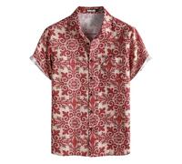 PARKLEES Camicia da uomo in cotone e lino, stile vintage anni 70, con motivo retrò, a maniche corte, con bottoni, 3XL