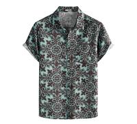 PARKLEES Camicia da uomo in cotone e lino, stile vintage anni 70, con motivo retrò, a maniche corte, con bottoni, M