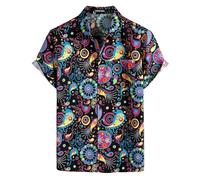 PARKLEES Camicia da uomo in cotone e lino, stile vintage anni 70, con motivo retrò, a maniche corte, con bottoni, Multicolore, XXL