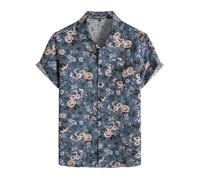 PARKLEES - Camicia da uomo in cotone e lino, stile vintage anni 70, modello retrò a maniche corte con bottoni, Blu scuro, S