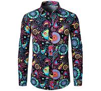 PARKLEES - Camicia da Uomo in Lino e Cotone, Stile Disco Anni 70, Modello Retrò, Stampa Tradizionale, a Maniche Lunghe, con Bottoni, Multicolore, S