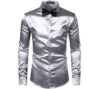 PARKLEES Camicia da uomo lucida slim fit in satin a maniche lunghe per il tempo libero e business, ideale per la sera e il nightclub, argento, S