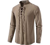 PARKLEES Camicia da uomo retrò in cotone, a maniche lunghe, con lacci, stile medievale, da pirata, per Halloween, caffè, XXL