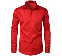 PARKLEES Camicia da uomo urbana elegante casual business slim fit a maniche lunghe con bottoni e taschino, Rosso, XL