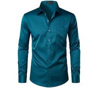 PARKLEES Camicia da uomo urbana elegante casual business slim fit a maniche lunghe con bottoni e taschino, Foglia di t, M