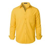 PARKLEES Camicia elegante da uomo, a maniche lunghe, tinta unita, antirughe, con bottoni, vestibilità regolare, casual, da lavoro, con taschino, Giallo, S