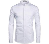 PARKLEES Camicia elegante da uomo con colletto a nonno, vestibilità aderente, a maniche lunghe, con bottoni e tasca, bianco, L