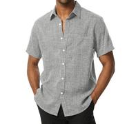 PARKLEES Camicie da uomo a maniche corte senza pieghe, con bottoni, in lino, casual, per vacanze, spiaggia, estate, Grigio chiaro, XL