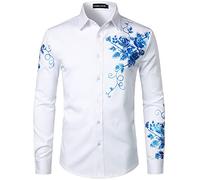 PARKLEES Camicie da uomo a maniche lunghe con bottoni a maniche lunghe con ricamo a vita bassa, Zzcl63-bianco Royal, L