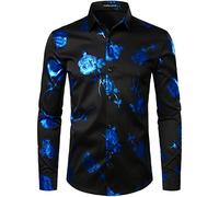 PARKLEES Camicie da uomo a maniche lunghe con stampa a rosa dorata, vestibilità aderente, per abiti da ballo, Zzcl22-nero blu reale, XL