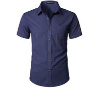 PARKLEES Camicie da uomo aderenti in cotone e lino casual a maniche corte con bottoni leggeri da spiaggia con tasca, Marina Militare, XL