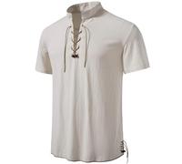 PARKLEES Camicie da uomo in cotone retrò con lacci a maniche corte per pirati rinascimentali vichinghi medievali, Beige e bianco., M