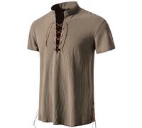 PARKLEES Camicie da uomo in cotone retrò con lacci a maniche corte per pirati rinascimentali vichinghi medievali, Marrone, XL