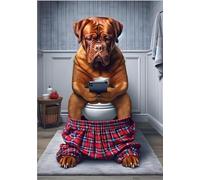 Parksmoonprints A4 Dogue de Bordeaux seduto sul water con telefono cellulare stampa divertente cane con telefono cellulare immagine animale bagno arte murale cartello rosso tartan