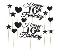 Parliky 10 Impostati Topper della torta nera buon 16esimo compleanno topper saluti a sedici scelte di cupcake decorazioni per torte Decorazione per torta cardiaca Black