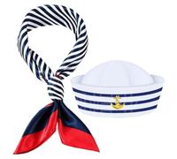 Parliky Set Cappello da Capitano e Sciarpa Marinaio Righe Blu e Bianche, Circonferenza 58 Cm, Costume Nautico per Feste a Tema e Cosplay Adulto