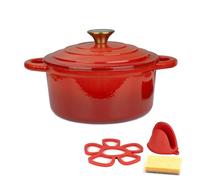 Parmedu Casseruola in Ghisa Smaltata 2,5L: Robusta Pentola Olandese con Coperchio e Manici Rosso, Accessori in Silicone e Spugna, Ideale per Brasare, Cuocere a Vapore, Arrostire e Cuocere al Forno
