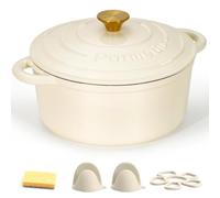 Parmedu Forno olandese in ghisa smaltata, pentola da 5,5 litri con coperchio, doppia maniglia, pentole resistenti per brasare, stufati, arrostire, cuocere il pane, bianco crema