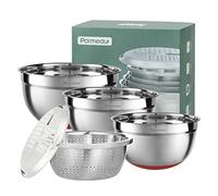 Parmedu Set Ciotole Multifunzione 5 in 1 100% Acciaio Inossidabile 304, 3 Insalatiere Profonde 4L/3L/2,5L con Segni di Scala e Base in Silicone Antiscivolo, Scolapasta e Grattugia