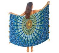 Paro/Sarong/Copricostume Boho Mandala con Nappe - Cotone Super Morbido e Leggero, Stampa Pavone Indiano Grande, Blu Pavone Mezzanotte