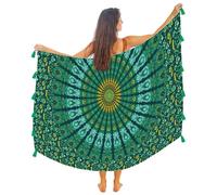 Paro/Sarong/Copricostume Boho Mandala con Nappe - Cotone Super Morbido e Leggero, Stampa Pavone Indiano Grande, Verde Acqua Smeraldo