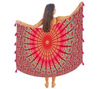 Paro/Sarong/Copricostume Boho Mandala con Nappe - Cotone Super Morbido e Leggero, Stampa Pavone Indiano Grande, Rosa Rubino Mandala