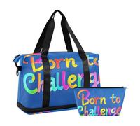 Parole colorate nate per sfidare oggetto personale valigia bagaglio a mano borsa per il fine settimana con cinghia regolabile per escursioni pieghevole, parole colorate Born to challenge, 1