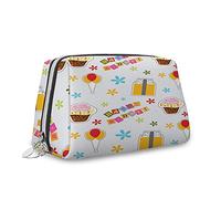 Parole di compleanno, trousse per cosmetici, design con torta di compleanno con scatole palloncini, organizer in pelle per trucco borsa da toilette riutilizzabile, multicolore, S, Multicolore 2,