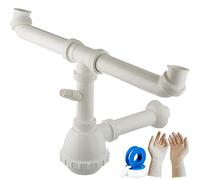 Parpyon® Sifone Lavello Cucina 2 Vasche Lavabo Bagno Tubo scarico lavandino Antiodore, Flessibile Rubinetto miscelatore Prolunga tubo filettato + nastro e guarnizione (Sifone Cucina 2V 1"-1/2)