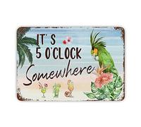 Parrot Beach - Targa in latta con palma da cocco e scritta "It's Five O'clock", in metallo, con paesaggio marino, pittura artistica da parete, per giardino, benvenuto, in ferro, per camino, veranda