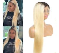 Parrucca 13X6 1B613 Liscia Ombre Bionda Lace Frontale Umano Capelli Wig Con Roots Dark Straight Pre Plucked Knots Wigs(#1B613,24 Pollici)